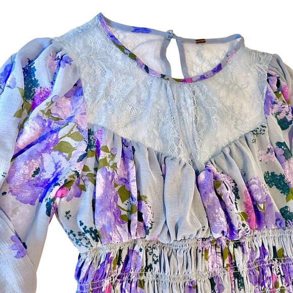 Free People Daphne Blouse In Silver Blue Combo Smocked Top Sz Small $128 - Picture 7 of 10